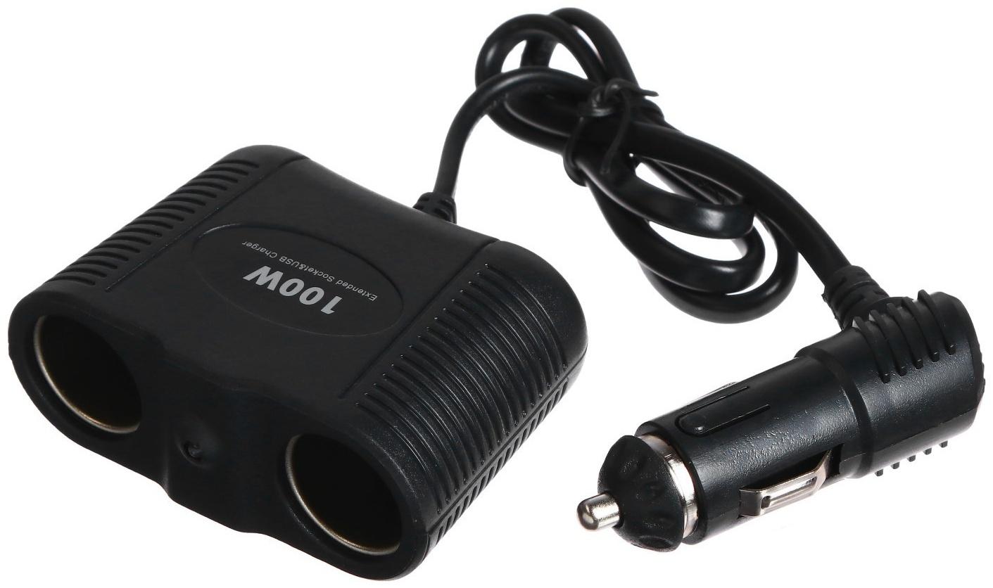 Разветвитель прикуривателя на 2 слота с подсветкой с проводом, 100 Вт