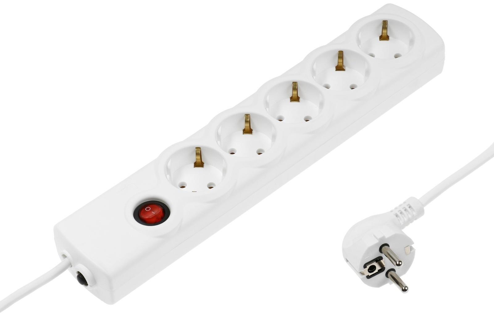 Сетевой фильтр Luazon Lighting, 5 розеток, 5 м, 3500 Вт, 3×1 мм2, 16 A, 220 В, c предохранителем, белый