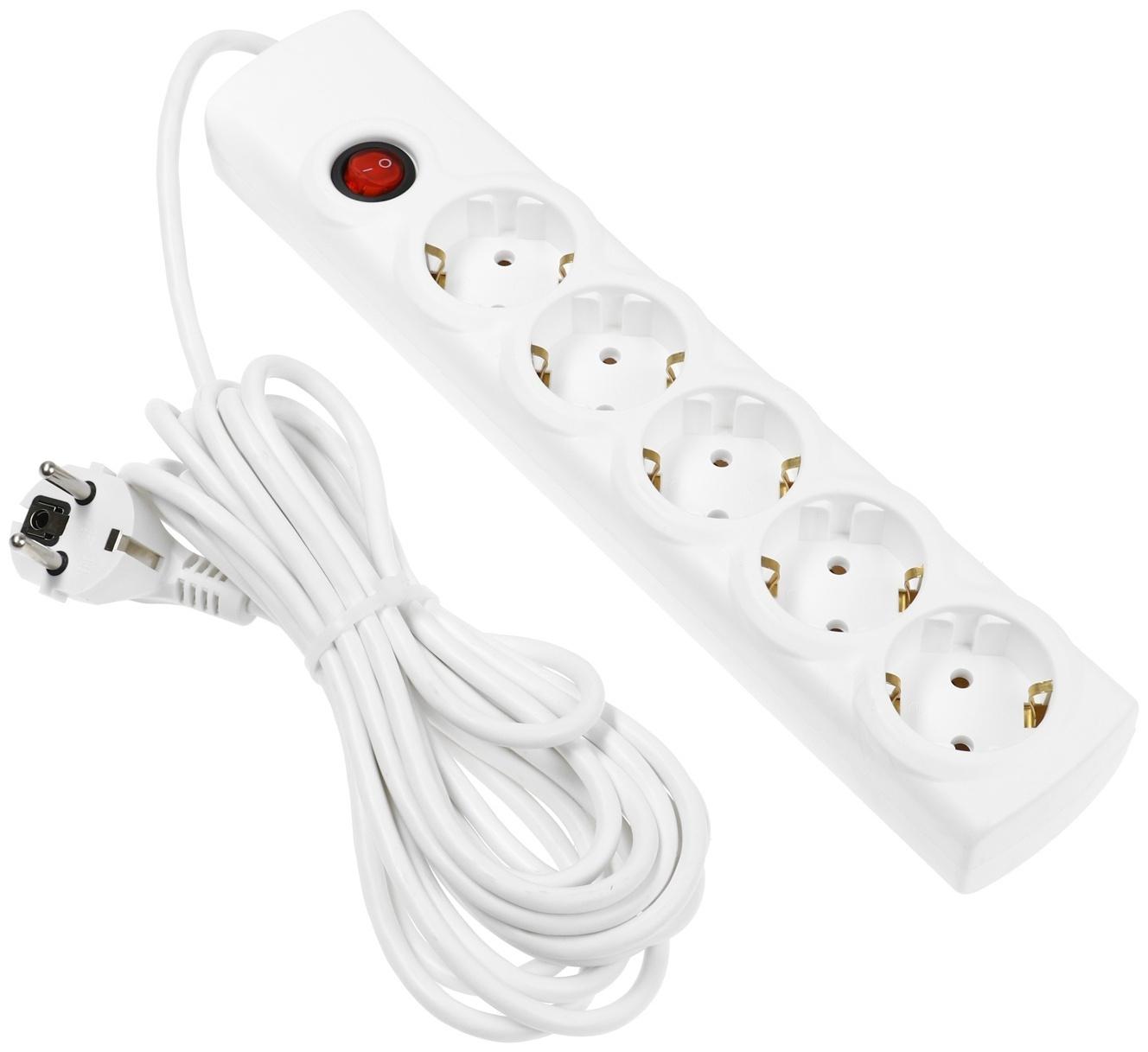 Сетевой фильтр Luazon Lighting, 5 розеток, 5 м, 3500 Вт, 3×1 мм2, 16 A, 220 В, c предохранителем, белый
