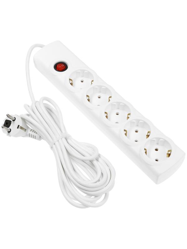 Сетевой фильтр Luazon Lighting, 5 розеток, 5 м, 3500 Вт, 3×1 мм2, 16 A, 220 В, c предохранителем, белый