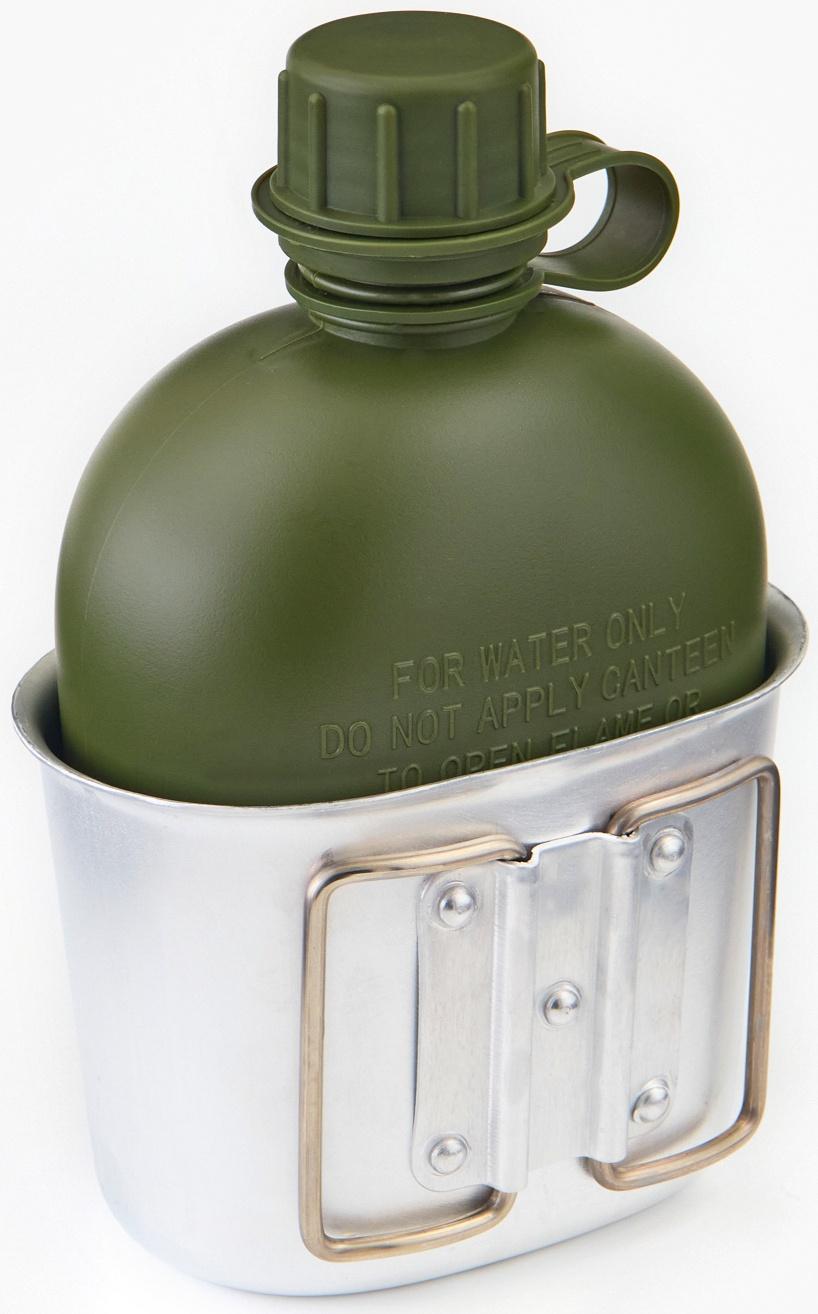 Фляжка армейская походная Adventure, 1 л, для воды, с котелком, пластик, зелёная, чехла, мох