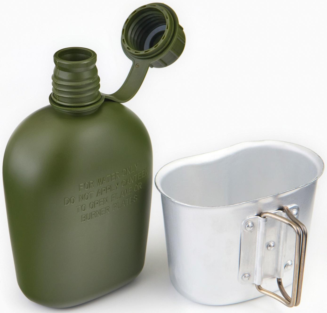 Фляжка армейская походная Adventure, 1 л, для воды, с котелком, пластик, зелёная, чехла, мох