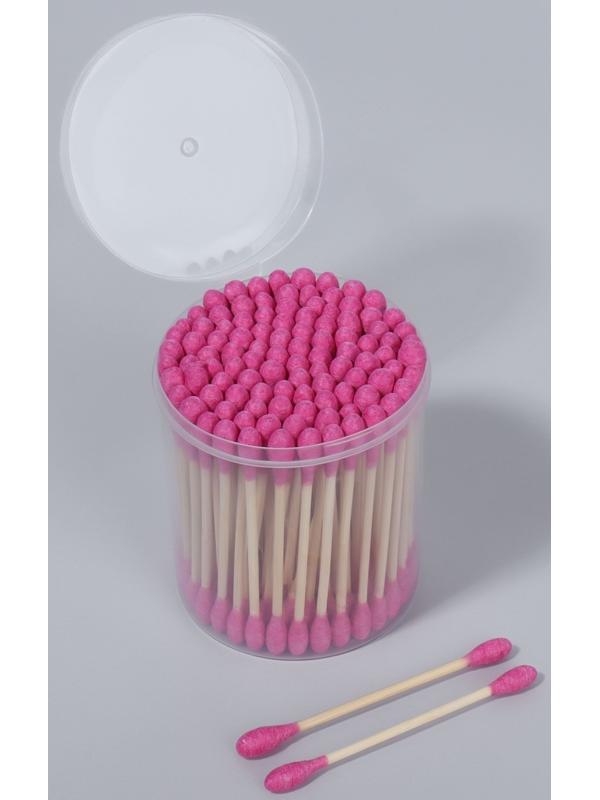 Ватные палочки на деревянной основе, 7 см, 112 шт., в пластиковом органайзере, цвет розовый