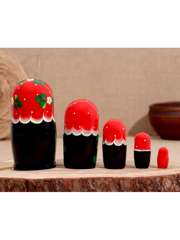 Матрёшка дерево «Весела», красная голова, низ чёрный, 5-кукольная, 14 см