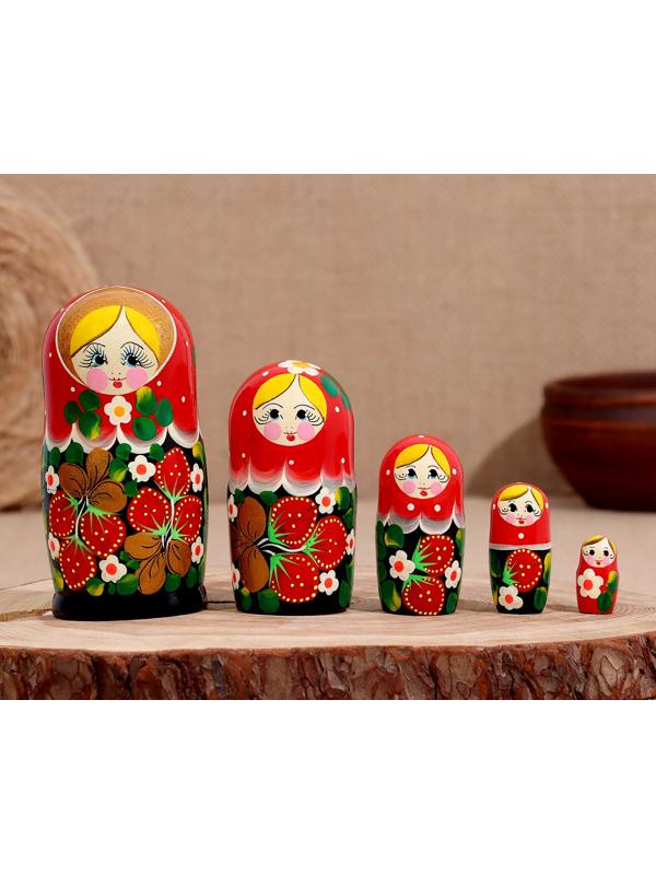 Матрёшка дерево «Весела», красная голова, низ чёрный, 5-кукольная, 14 см