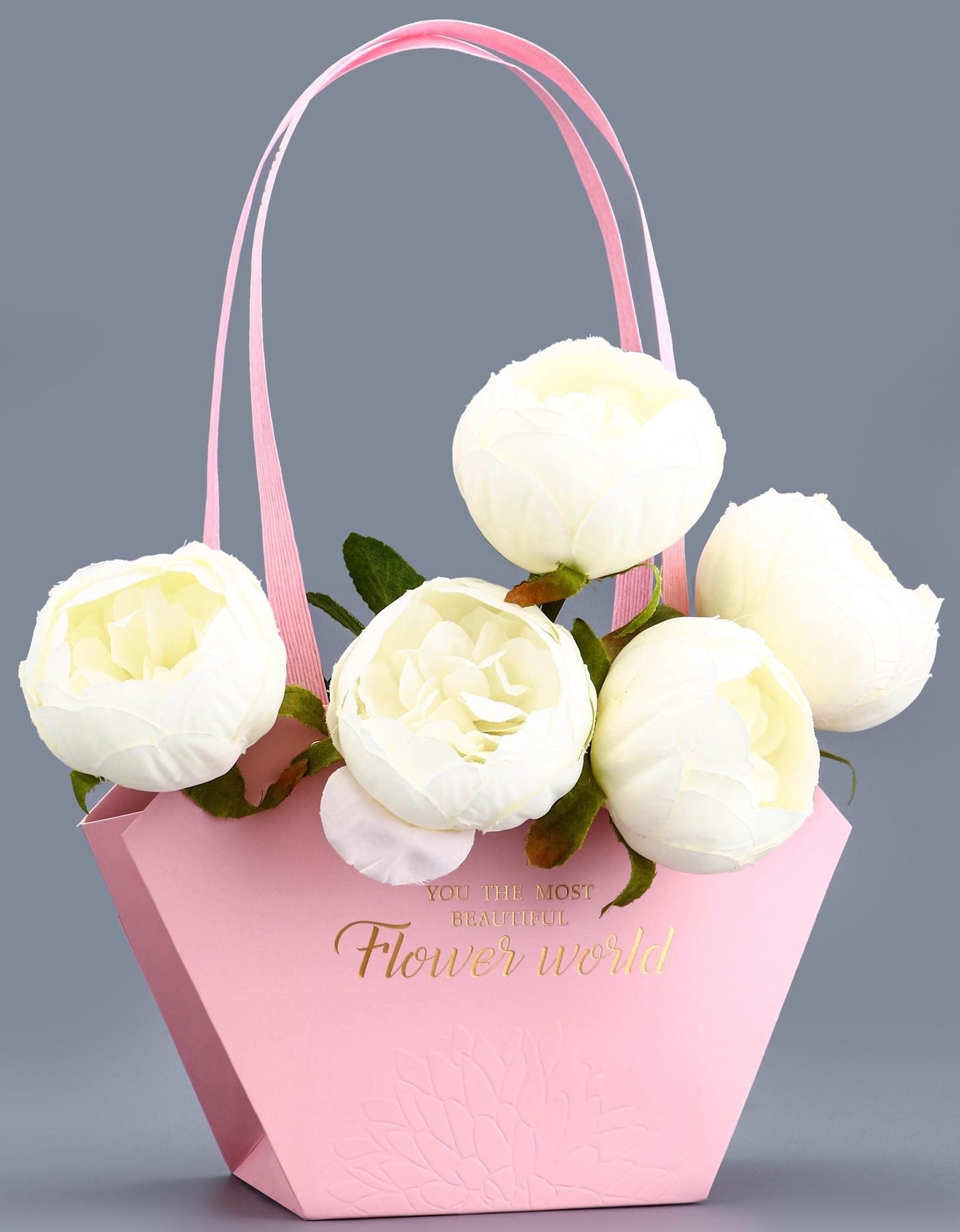 Сумка для цветов тиснение розовая, «Самой прекрасной», влагостойкая, 23×15×9 см