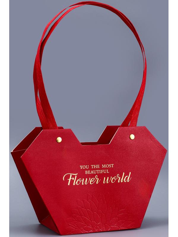 Сумка для цветов тиснение красная, «Самой прекрасной», влагостойкая, 23×15×9 см