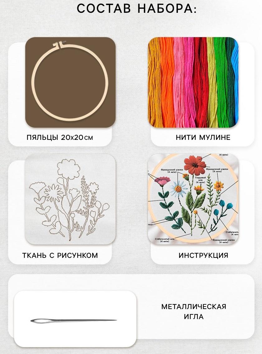 Вышивка гладью на пяльцах «Полевые цветы», 20×20 см