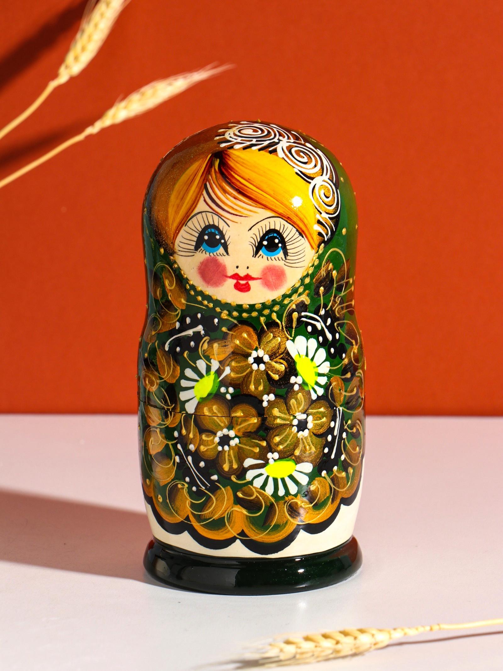 Матрёшка дерево «Марфа», чёрно-зелёный платок, 5-кукольная, 19 см