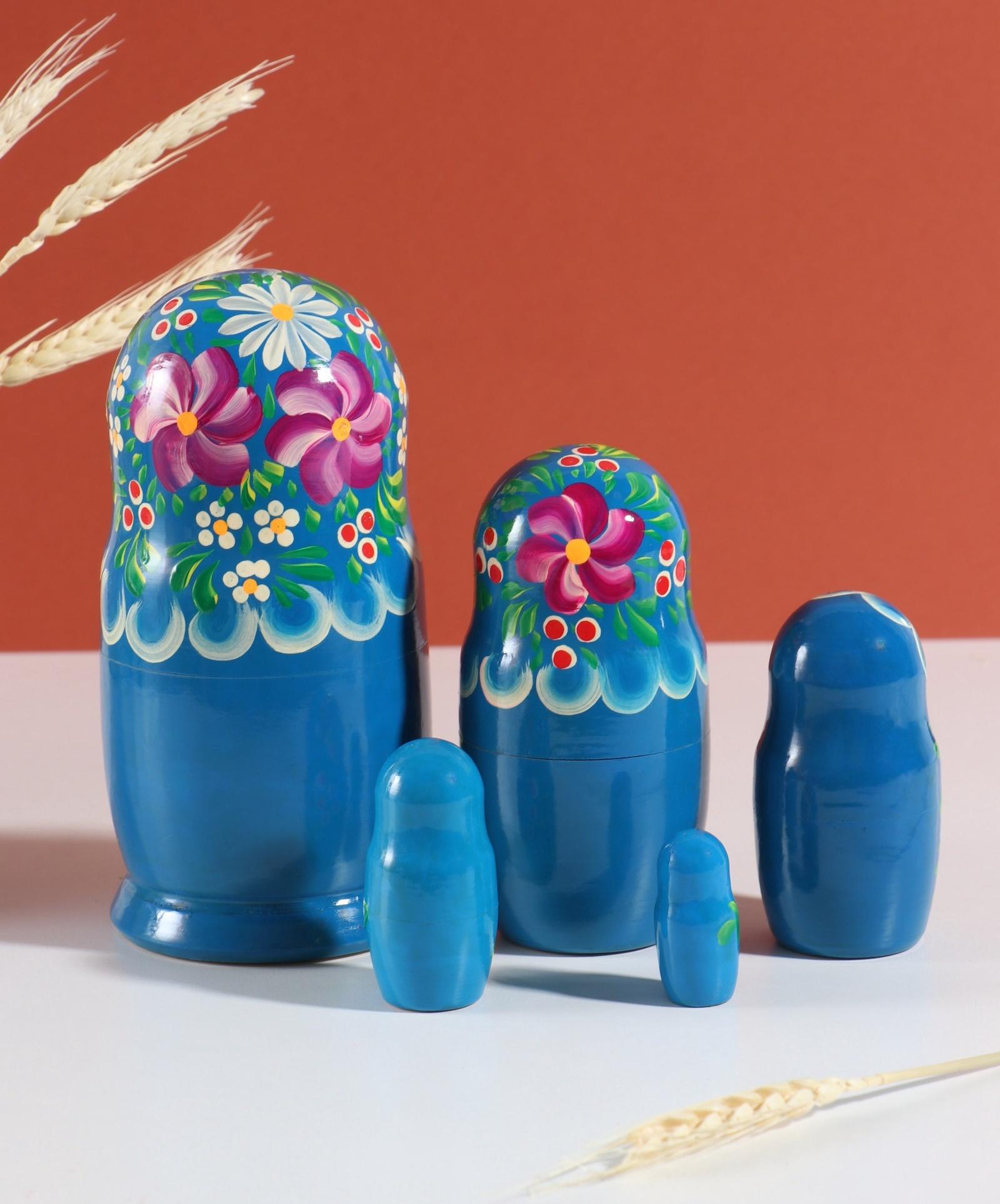 Матрёшка дерево «Любовь», синий платок, 5-кукольная, 19 см