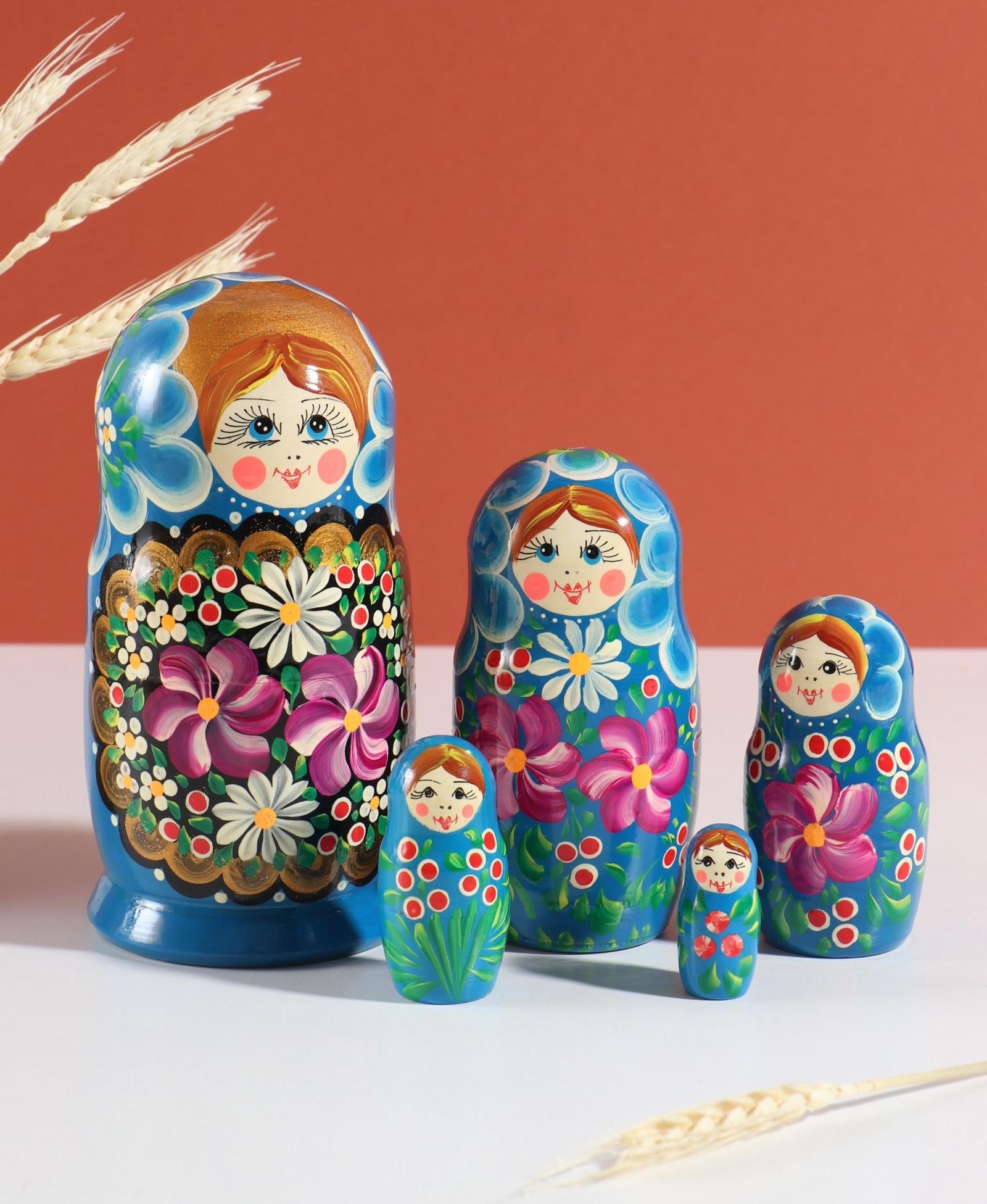 Матрёшка дерево «Любовь», синий платок, 5-кукольная, 19 см