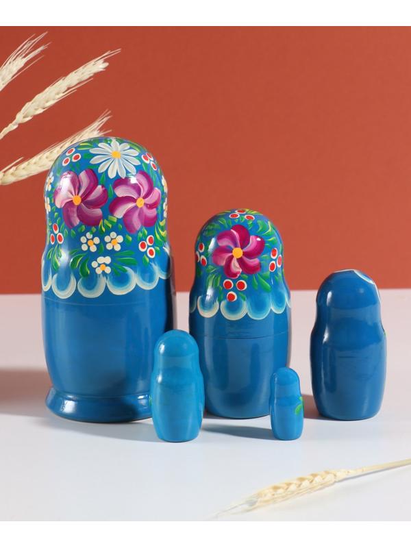 Матрёшка дерево «Любовь», синий платок, 5-кукольная, 19 см