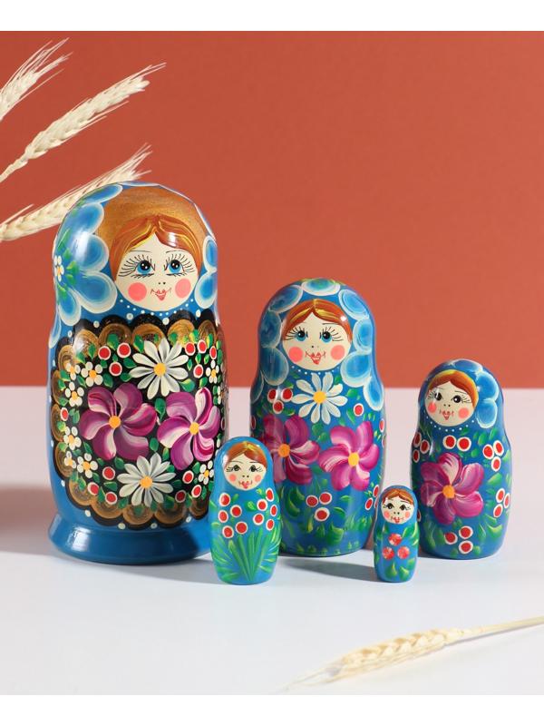 Матрёшка дерево «Любовь», синий платок, 5-кукольная, 19 см