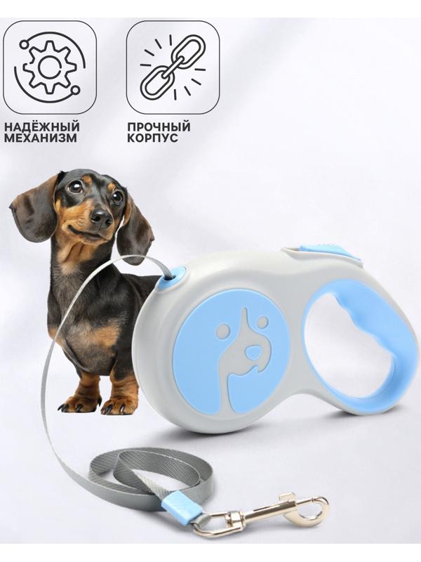 Рулетка - поводок для собак, лента 5 м, голубая