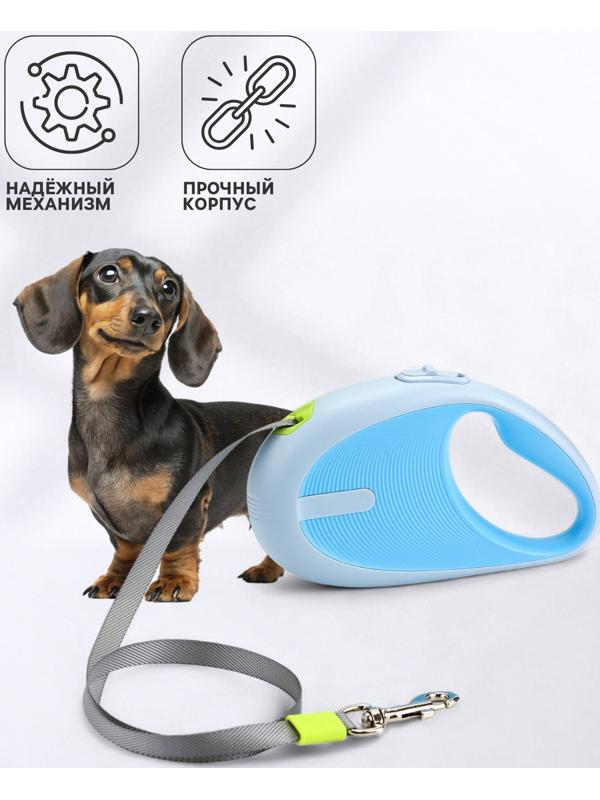 Рулетка - поводок для собак, лента 3 метра, голубая