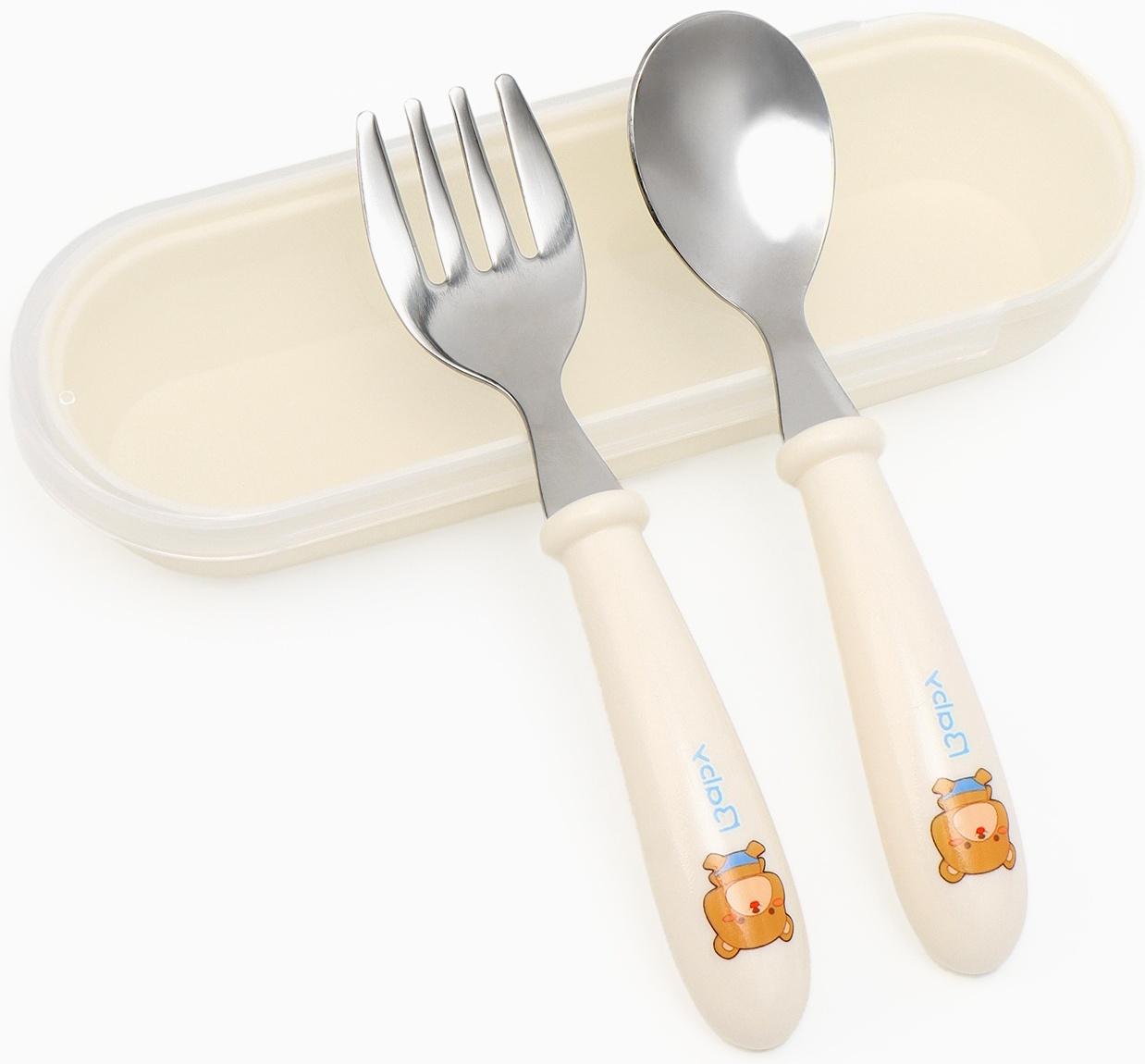 Набор детских столовых приборов в футляре: вилка, ложка Крошка Я бежевый