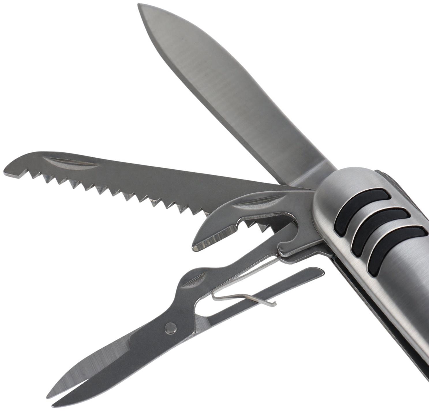 Швейцарский нож 11  в 1: ножницы, отвёртка, нож, штопор, пилы, открывалки, консервный нож, шило, напильник, нитевдеватель