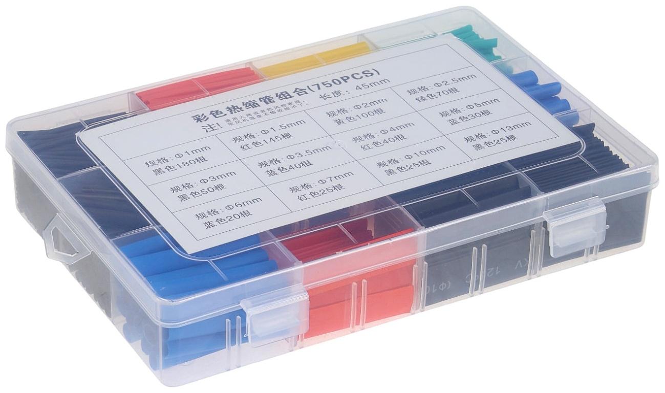 Термоусаживаемая трубка, 1/1.5/2/2.5/3/3.5/4/5/6/7/10/13 мм, набор 750 штук, длина 45 мм, в кейсе