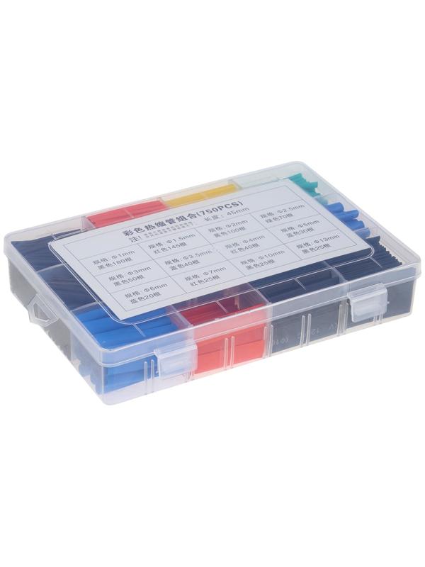 Термоусаживаемая трубка, 1/1.5/2/2.5/3/3.5/4/5/6/7/10/13 мм, набор 750 штук, длина 45 мм, в кейсе