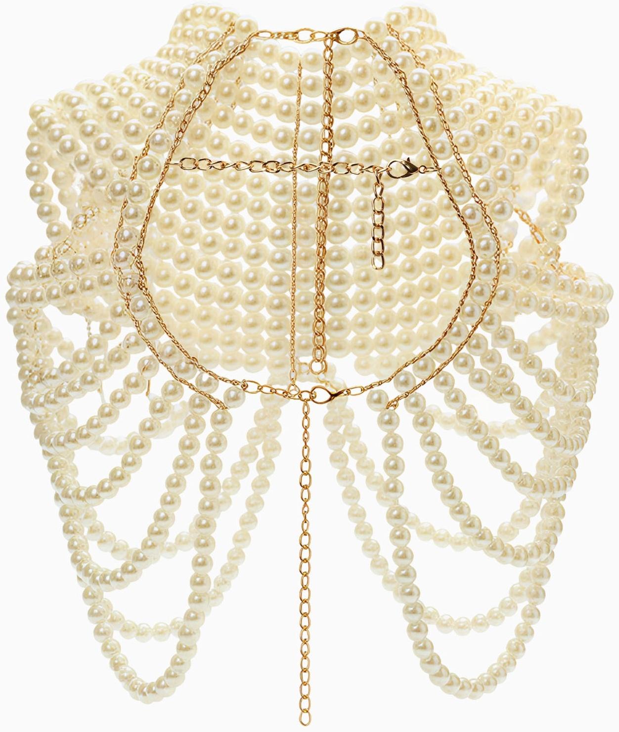 Бодичейн жемчуг «Богема» на тело, d=1.2 см, белый в золоте