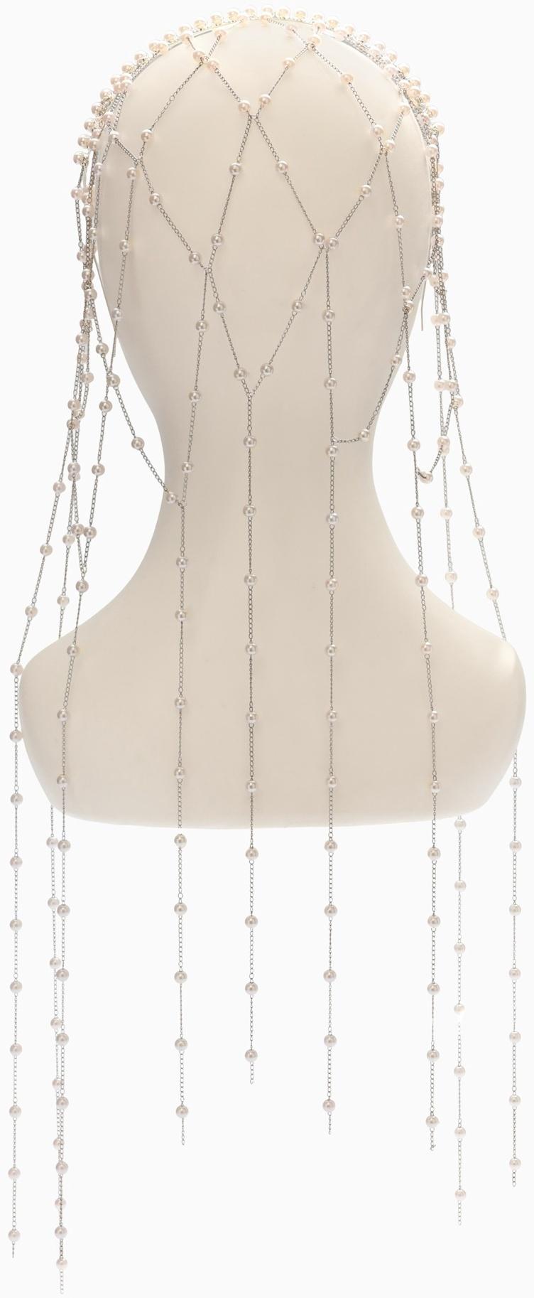 Украшение для волос «Паутина», с бусинами, 55 см, белое в серебре