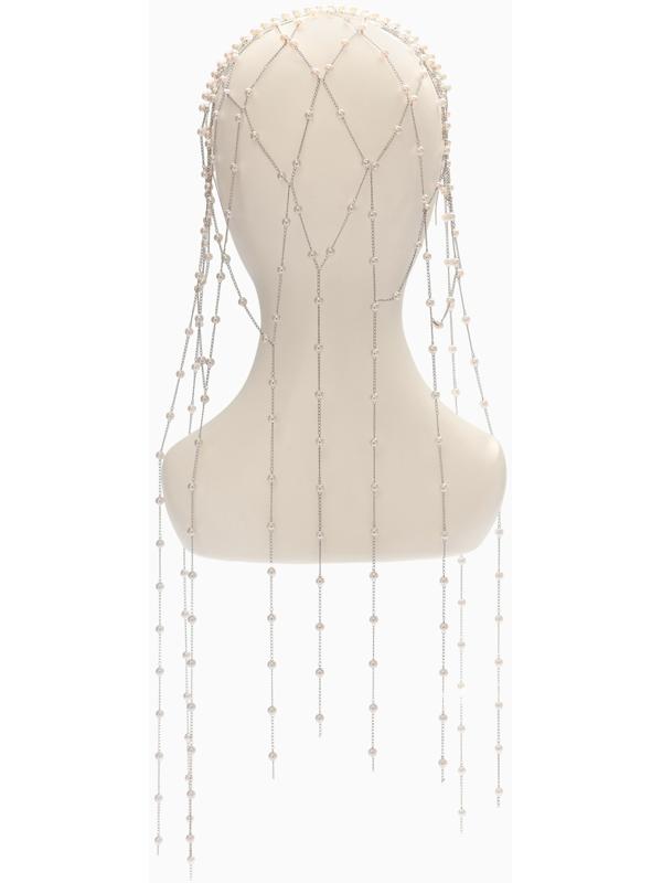 Украшение для волос «Паутина», с бусинами, 55 см, белое в серебре