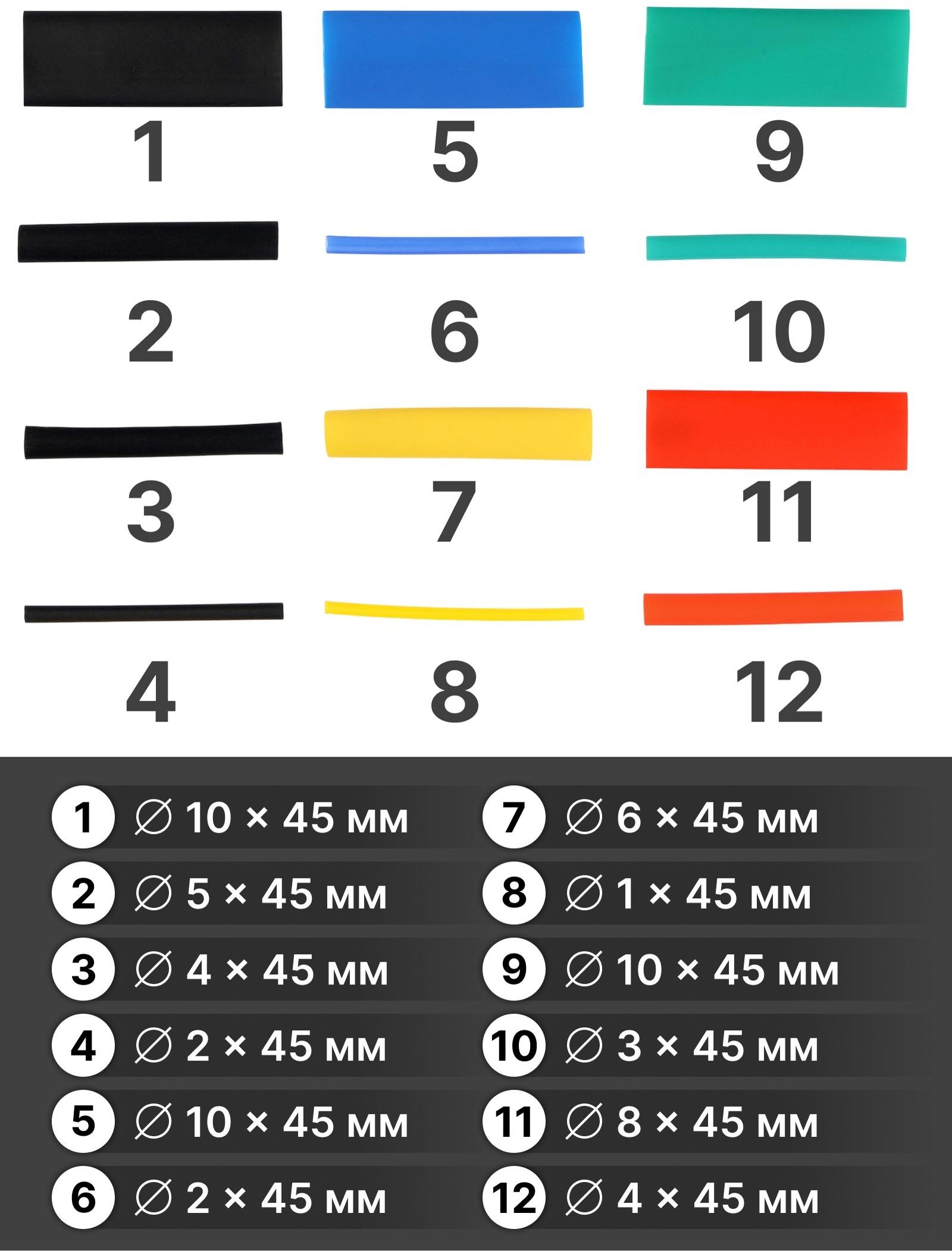 Термоусаживаемая трубка, 1.5/2/3/4/5/6/8/10 мм, набор 530 штук, длина 45 мм