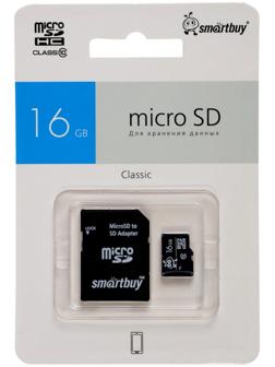 Карта памяти micro SDHC Smartbuy, 16 Гб, класс 10, с адаптером SD
