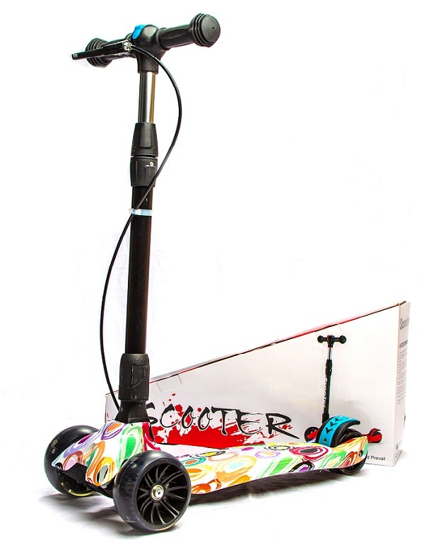 Самокат детский складной Scooter «MAXI Принт» с ручным тормозом и широкими колесами (XJ-333) / Микс