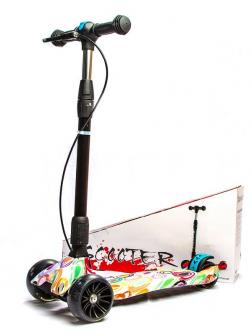 Самокат детский складной Scooter «MAXI Принт» с ручным тормозом и широкими колесами (XJ-333) / Микс