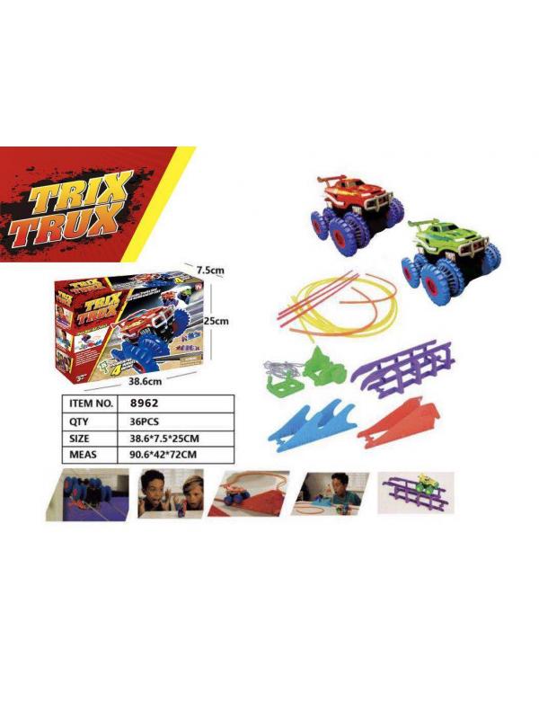 Гоночные машинки Монстр-Трак Trix Truk с трассой 2 машинки, трамплин волна тросс брусья в кор. 38.6х7.5х25см.
