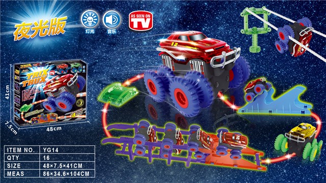 Гоночные машинки Trix Truk с трассой 2 машинки свет+звук, трамплин волна тросс брусья в кор. 48х7.5х31см.