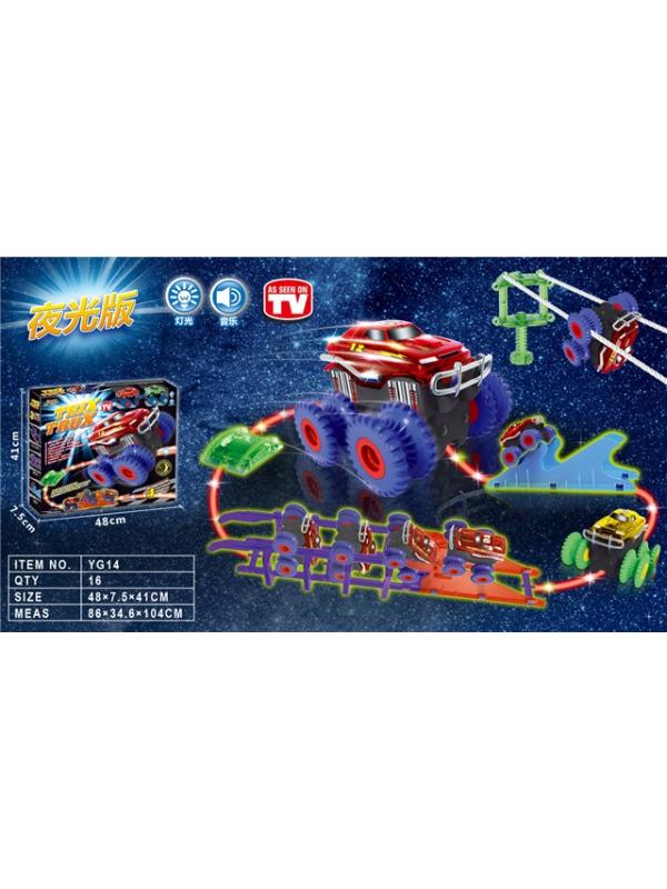 Гоночные машинки Trix Truk с трассой 2 машинки свет+звук, трамплин волна тросс брусья в кор. 48х7.5х31см.