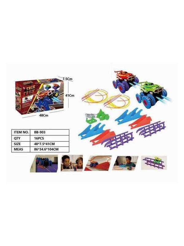 Гоночные машинки Монстр-Трак Trix Truk 2шт. в наборе с трассой, трамплин волна тросс брусья в кор. 48х7.5х41см.