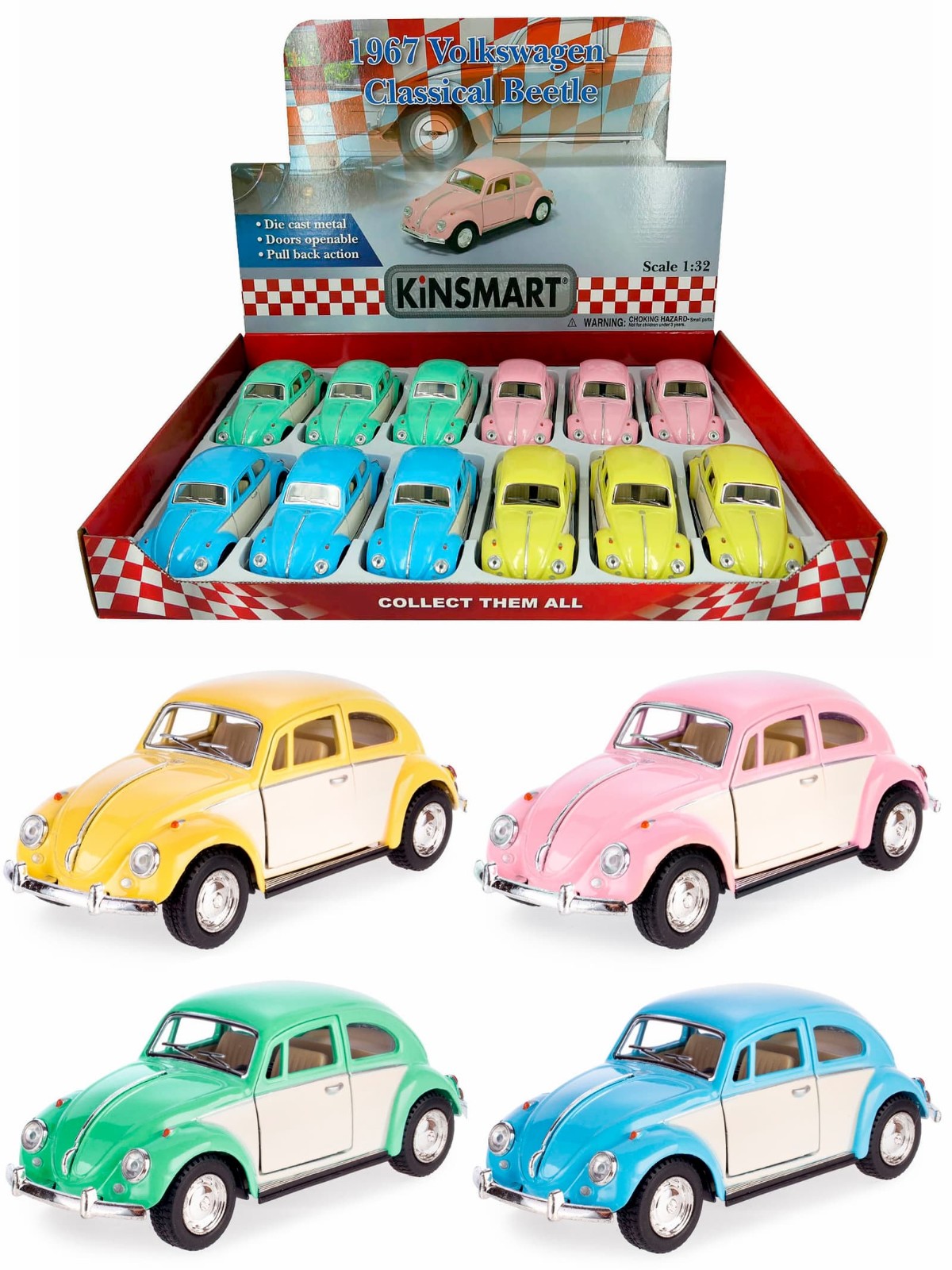 Металлическая машинка Kinsmart 1:32 «1967 Volkswagen Classical Beetle (Пастельные цвета с бежевыми дверями)» KT5375DY инерционная / Микс