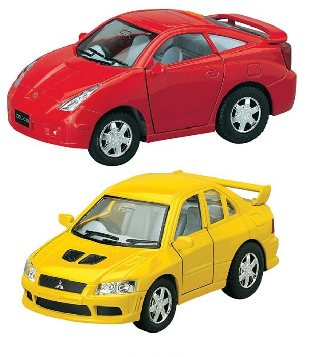 Металлическая машинка KinsFun Мультяшные Mitsubishi Lancer Evolution 7 / Toyota Celica, KT4010-11D инерционная, 10 см. / Микс 1 шт.