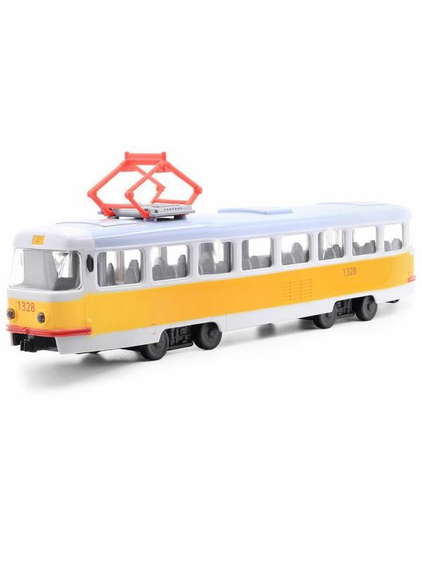 Трамвай инерционный Play Smart 1:54 «Tatra T3SU» 9708-B Автопарк, свет и звук / Желто-белый
