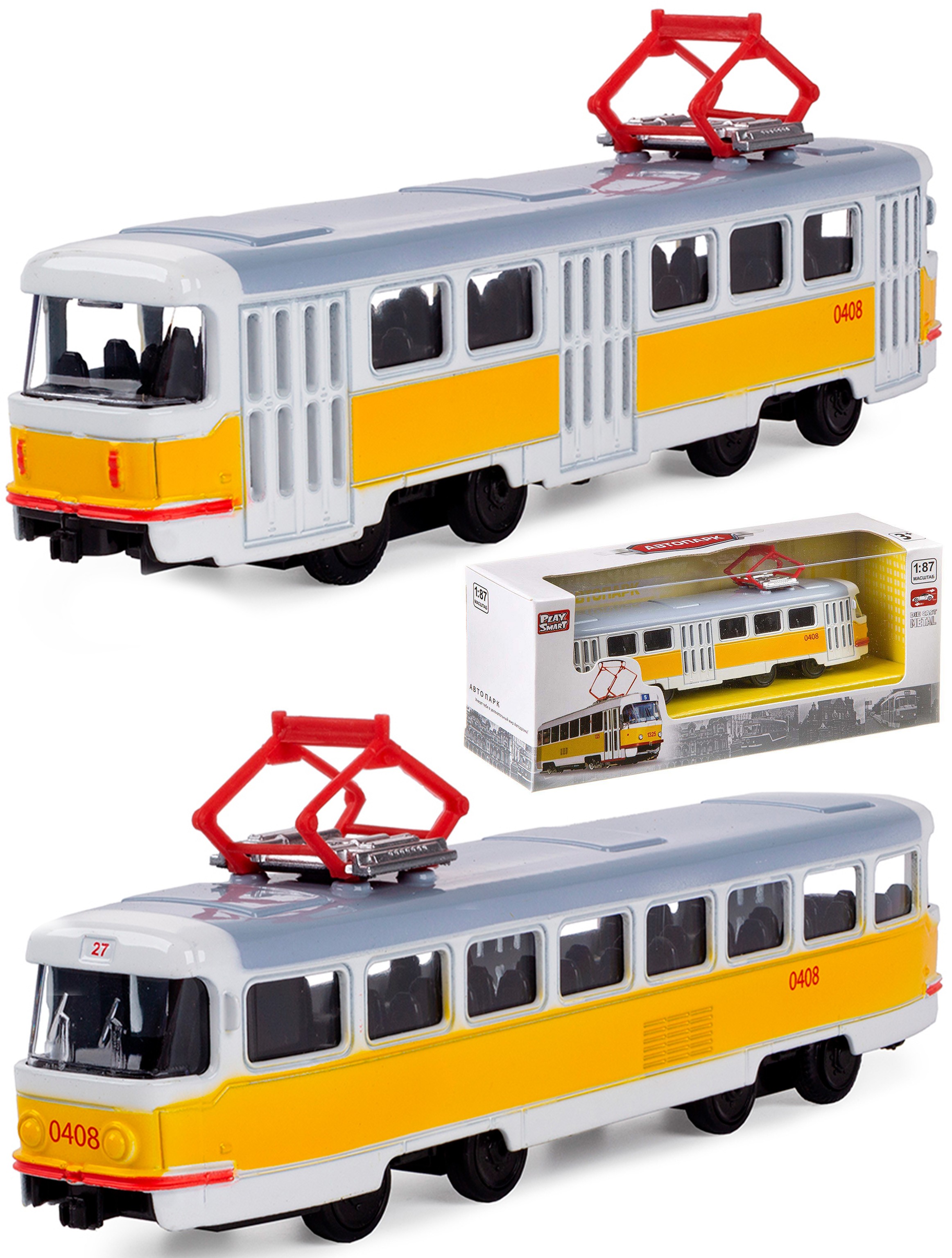 Трамвай металлический Play Smart 1:87 «Tatra T3SU» 16 см. 6411-B Автопарк, инерционный / Желтый