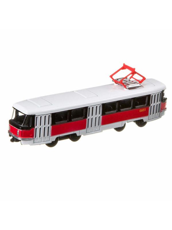 Трамвай металлический Play Smart 1:87 «Tatra T3SU» 16 см. 6411-D Автопарк, инерционный / Красно-белый