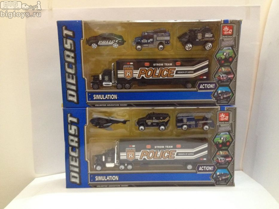 набор металл. транспорта SQ полиция 3шт.+трейлер