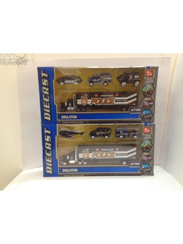 набор металл. транспорта SQ полиция 3шт.+трейлер