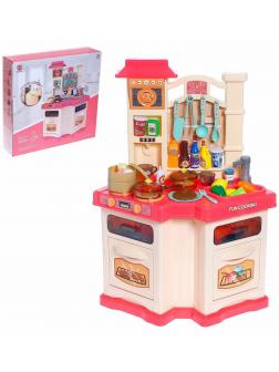 Детская игровая кухня Fun cooking «Шеф-повар» 848-B, 44 аксессуара, высота 77 см.  свет, звук, бежит вода из крана / Розовая
