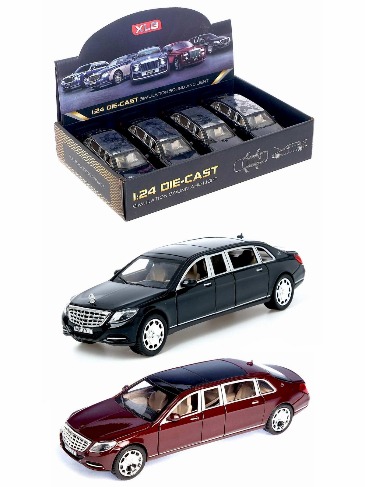 Машинка металлическая XLG 1:24 «Mercedes-Maybach S600 Pullman» M923T 20 см.  инерционная, свет, звук / Микс