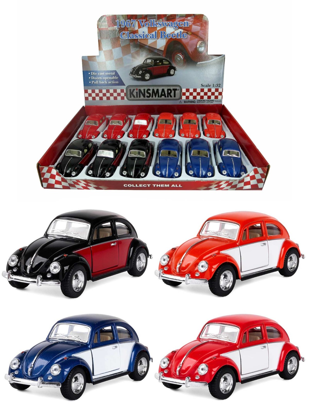 Металлическая машинка Kinsmart 1:32 «1967 Volkswagen Classical Beetle (Color Door)» KT5373D инерционная / Микс