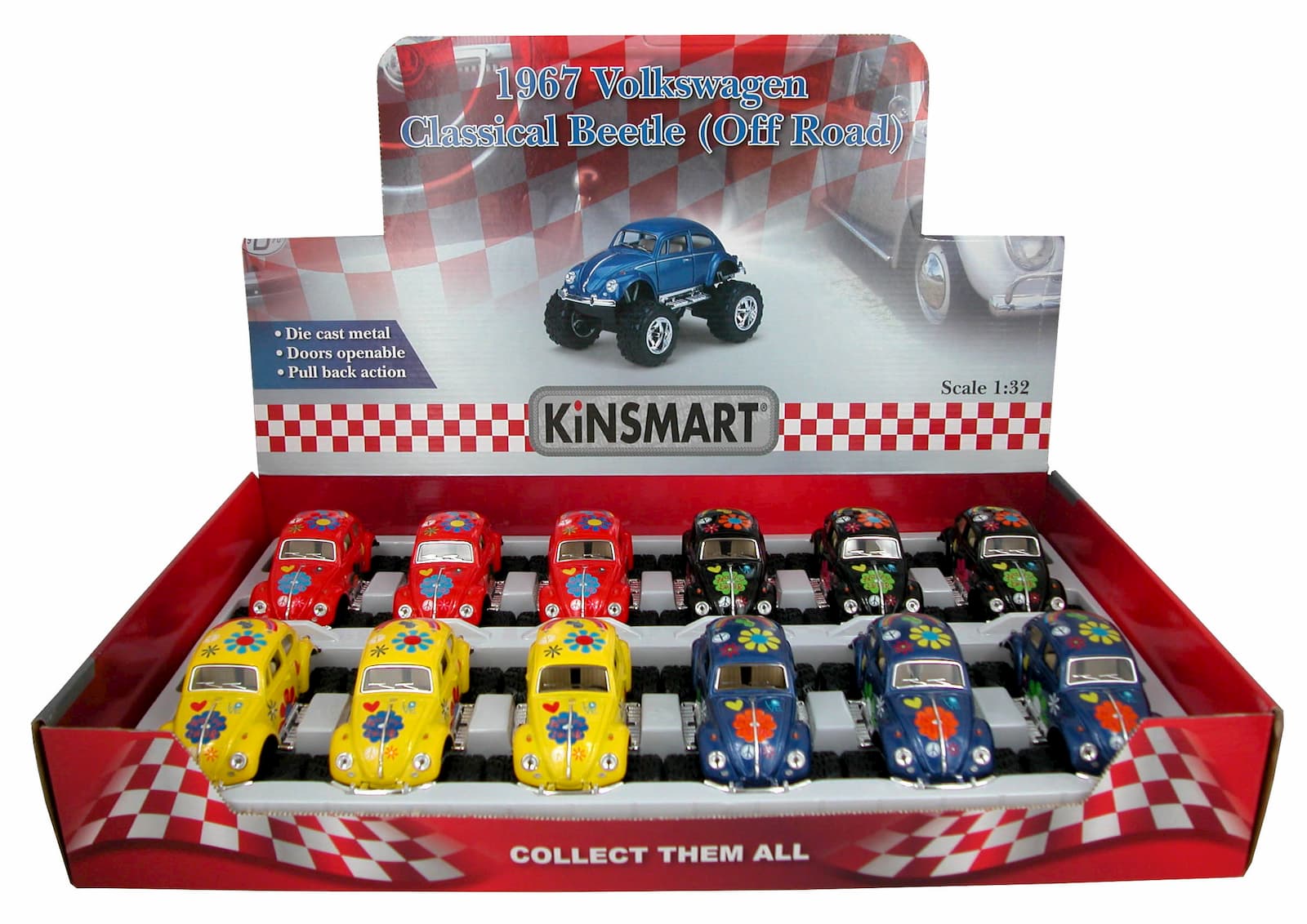 Металлическая машинка Kinsmart 1:32 «1967 Volkswagen Classical Beetle с принтом (Off Road)» KT5057DFB, инерционная / Микс