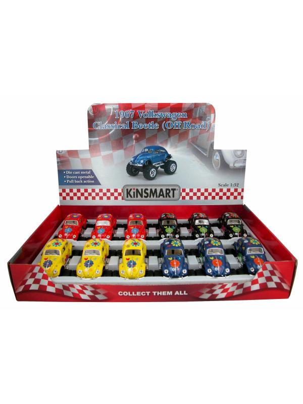 Металлическая машинка Kinsmart 1:32 «1967 Volkswagen Classical Beetle с принтом (Off Road)» KT5057DFB, инерционная / Микс