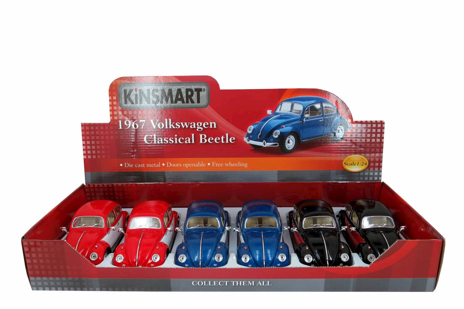 Металлическая машинка Kinsmart 1:24 «1967 Volkswagen Classical Beetle (Цветные двери)» KT7002DC инерционная / Микс
