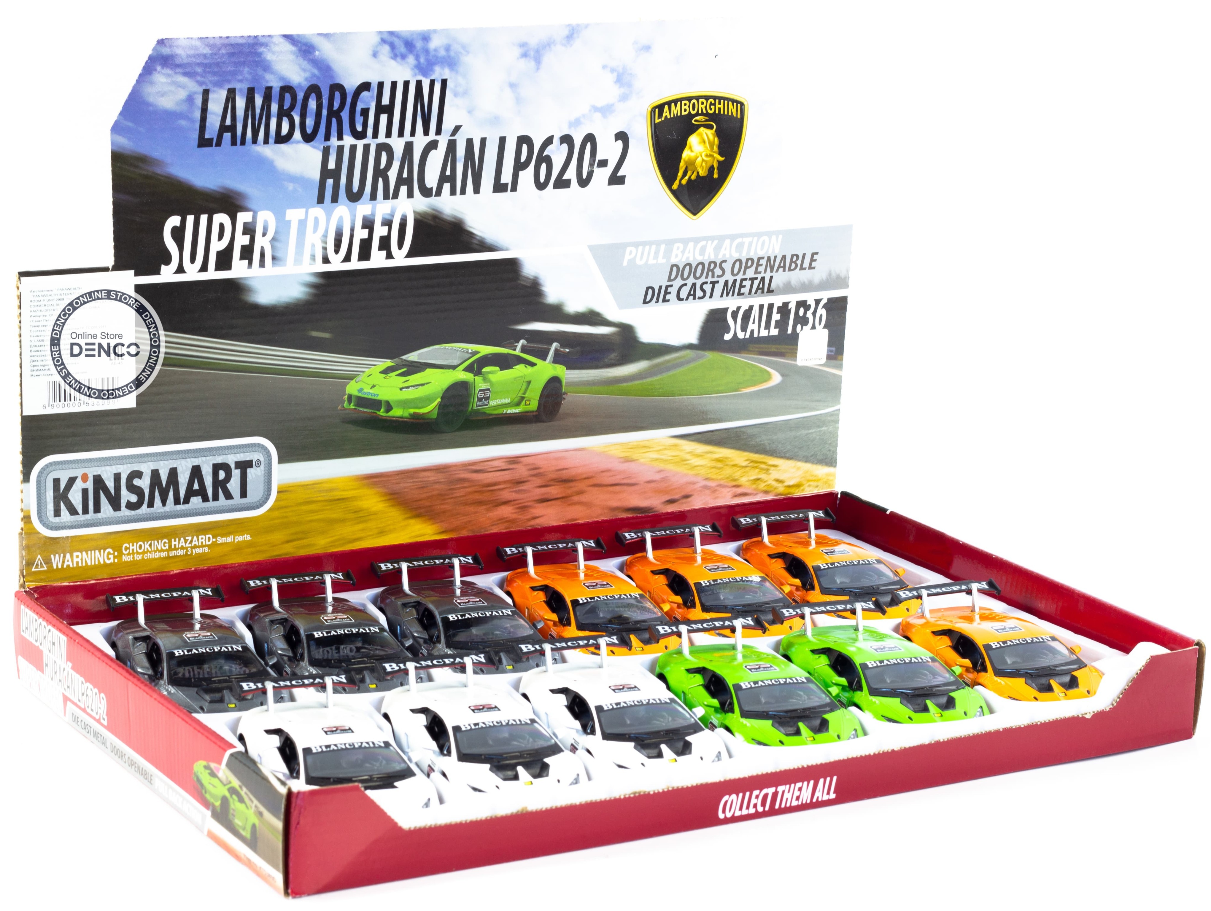 Металлическая машинка Kinsmart 1:36 «Lamborghini Huracan LP620-2 Super Trofeo» KT5389D, инерционная / Микс