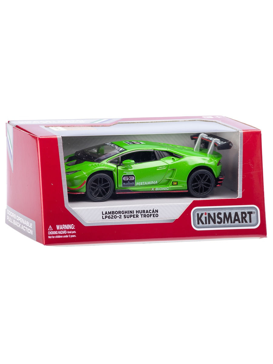 Металлическая машинка Kinsmart 1:36 «Lamborghini Huracan LP620-2 Super Trofeo» KT5389W, инерционная в коробке / Микс