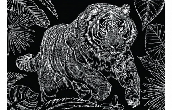 Гравюра А5 в пакете с ручкой. Золото. ТИГР НА ОХОТЕ